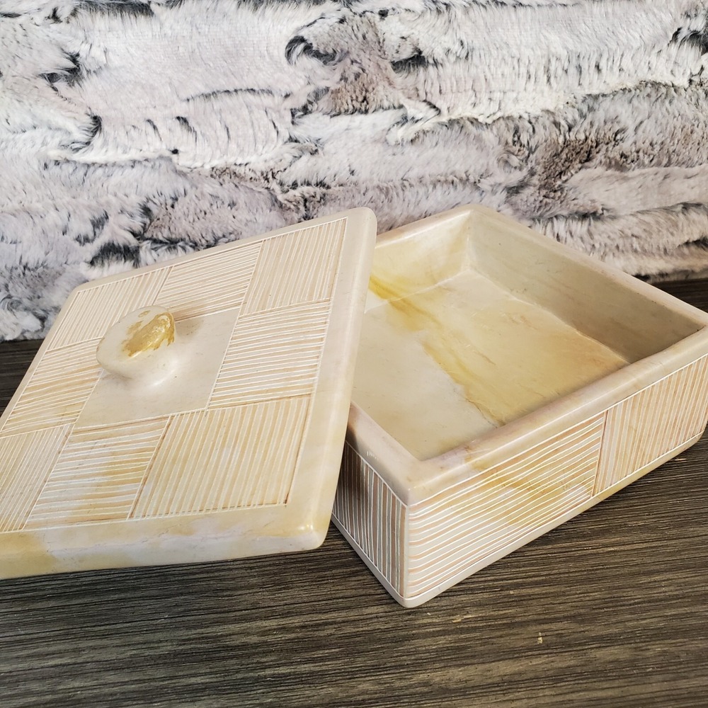 Square Carved Soapstone Trinket Box W/ Lid Geometric Neutrals HEAVY Kenya